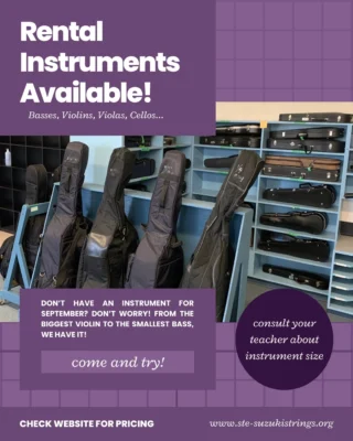 Rental Instruments are available for rent for the fall for registered students! Once registered, you may call us at 780-469-7382 (or email suzukistrings.steassist@gmail.com) to schedule a visit and try-out some of our violins, basses, violas, and cellos.