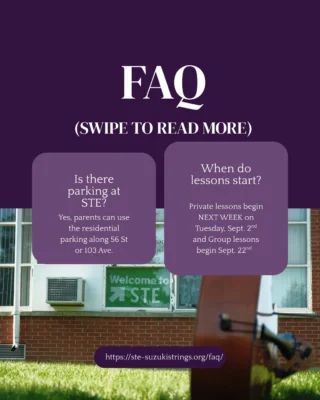 We are officially ONE WEEK away from the first day of class, how are we all feeling!? 🫨 Here are some frequently asked questions that could be useful if you are new to the program. Be sure to visit our websites FAQ for a more extensive list of common inquiries at https://ste-suzukistrings.org/faq/

See you soon!!

#FultonPlaceCommunityLeague #Capilano #Fulton #suzukiviolinmethod #suzukimethod #cello #violin #viola #bass #guitar #piano #Edmontonmusicscene #EdmontonSchools