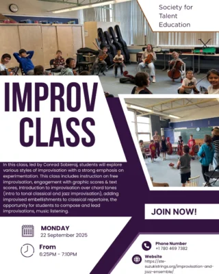 Join our experimental improvisation ensemble! No experience needed, you don't even need an instrument; you can use some of our small percussion instruments,  you can bring sticks and stones, or just use your own body to create sound. The focus of this group class is as much social as it is musical. Students learn to communicate without words, instead using gestures and queues to keep the music going. Every class is a new piece of music, a new invention, and a new inspiration. Starting on September 22, 2025 - every Monday at 6:25pm, see you there!

#FultonPlaceCommunityLeague #Capilano #Fulton #suzukiviolinmethod #suzukimethod #cello #violin #viola #bass #guitar #piano #Edmontonmusicscene #EdmontonSchools #edmontonimprov