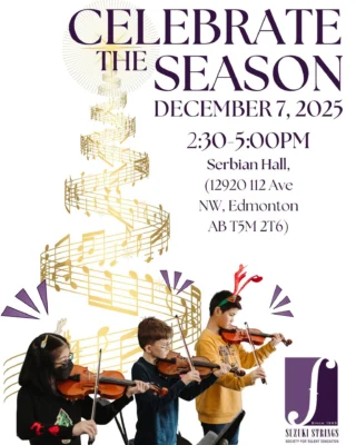 Celebrate the Season with us on December 7th, 2025 at 2:30pm. We warmly welcome you to join us at the Serbian Hall for some orchestra, improv, choir, and group performances!
.
.
.
.
.
.
.
#FultonPlaceCommunityLeague #Capilano #Fulton #suzukiviolinmethod #suzukimethod #cello #violin #viola #bass #guitar #piano #Edmontonmusicscene #EdmontonSchools