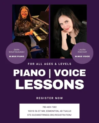 Interested in piano or vocal lessons? STE offers Suzuki classes in piano and voice with expert instruction by our faculty: Sara Soufisiavash (piano) and Laura Mackay (voice). Visit our website for more information! 
.
.
.
.
.
.
.
.
#FultonPlaceCommunityLeague #Capilano #Fulton #suzukiviolinmethod #suzukimethod #cello #violin #viola #bass #guitar #piano #Edmontonmusicscene #EdmontonSchools