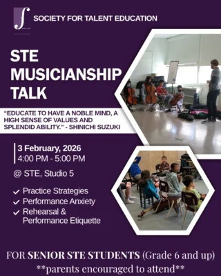 “For the sake of our children let us educate them from the cradle to have a noble mind, a high sense of values and splendid ability."

What does good musicianship mean? What does it mean to the young student? Join our Senior Student Program Coordinator, Conrad Sobieraj, on February 3, 2026 in Studio 5 for a special discussion on how music education can shape one's character. This talk will include topics of effective practice strategies, dealing with performance anxiety, and general rehearsal/performance etiquette with short activities and demonstrations for each topic.

This activity is for STE Seniors (Grades 6+) and parents are strongly encouraged to attend.