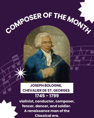 Happy February! In honour of Black History Month, we would like to bring your attention to the famous violinist/conductor/composer/fencer/dancer (wow!) Joseph Bologne, Chevalier de St. Georges.  A true renaissance-man of the Classical era, and a contemporary of Wolfgang Amadeus Mozart, Joseph Bologne was the first composer of African descent to gain widespread fame in the European classical canon.  Similar to his athleticism, his music conveys a particular lively energy and stores within it his vigorous personality and virtuosity. His repertoire consists of violin sonatas, concerti, symphonies, and a variety of choral songworks. 

#FultonPlaceCommunityLeague #Capilano #Fulton #suzukiviolinmethod #suzukimethod #cello #violin #viola #bass #guitar #piano #Edmontonmusicscene #EdmontonSchools #BlackHistoryMonth