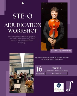 We are beyond excited to invite ESO Violist Clayton Leung to host our STE Orchestra Adjudication Workshop. 

Clayton Leung is an accomplished musician who has established a strong presence in the vibrant Edmonton arts scene. He has graced the stages of organizations such as the Alberta Baroque Society, Chamber Orchestra of Edmonton, Early Music Alberta, Edmonton Chamber Music Society, Edmonton Recital Society, Edmonton Ballet and the Edmonton Opera. Clayton’s musical journey has taken him beyond national borders, as he has performed with various ensembles both nationally and internationally. Notable performances include a European tour with Kent Sangster’s Obsession's Jazz Octet, a live concert on PBS at Rochester International Jazz Festival, a lecture recital at the 50th International Viola Congress in Paris and a guest violist on Lafayette String Quartet’s farewell tour. 

Read more about this event on our website: https://ste-suzukistrings.org/ste-o-adjudication-workshop-with-clayton-leung-monday-march-16-2026/