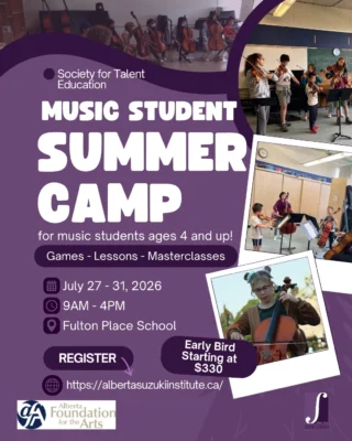 Early Bird Registration for our Music Student Summer Camp is now open! From July 27th until the 31st, experience an intensive week-long music camp full of outdoor activities, games, music lessons, group lessons, chamber coaching, masterclasses and more! 

Registration is on the Alberta Suzuki Summer Institute website (link in bio)

#FultonPlaceCommunityLeague #Capilano #Fulton #suzukiviolinmethod #suzukimethod #cello #violin #viola #bass #guitar #piano #Edmontonmusicscene #EdmontonSchools