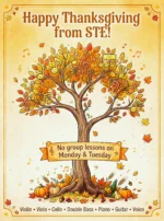 Happy Thanksgiving! 🍂 

We're thankful for every family making music together at STE, and for our wonderful teachers and staff who make it all happen. Thank you for growing with us. 🎶 

#HappyThanksgiving #MusicLessons #YEG
